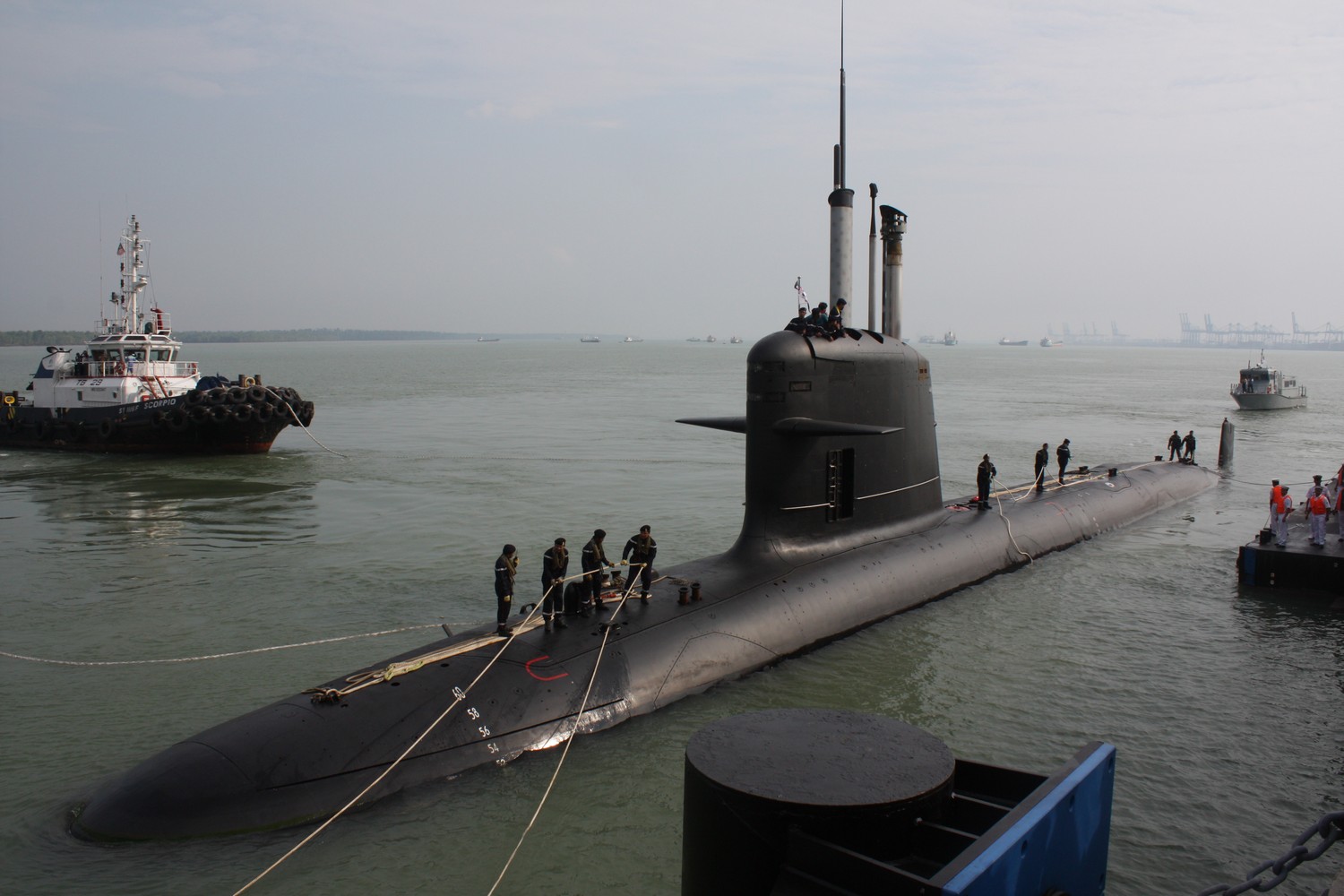 Malaysia's first Scorpene-class diesel-electric submarine docked at its Naval base in Port Klang on the outskirts of Kuala Lumpur on September 3, 2009.