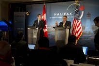 The Secretary of Defense Leon E. Panetta and Minister of Defense Peter MacKay of Canada hold a press conference to open the Halifax International Security Forum on November 18, 2011 in Halifax, Nova Scotia.