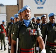 Members of the Fijian colour guard and the guard unit of the United Nations Assistance Mission in Iraq (UNAMI) march. 4/Feb/2009. UN Photo/Rick Bajornas.