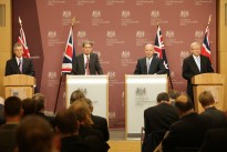 AUKMIN press conference: Foreign Secretary William Hague with Secretary of State for Defence Philip Hammond and Kevin Rudd, Minister for Foreign Affairs of Australia with Stephen Smith, Minister for Defence of Australia answer questions from the media at a press conference in London, 24 January 2012.