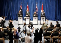 Room for one more? Senator the Hon Bob Carr, HE Dr Marty Natalegawa (Indonesian Foreign Minister), HE Dr Purnomo Yusgiantoro (Indonesian Defence Minister) and Defence Minister Stephen Smith address media following the inaugural Australia-Indonesia 2+2 Ministerial Dialogue in Canberra on 15 March 2012.