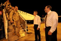 The first contingent of the United States Marine Corps are greeted by Australia's Minister for Defence, Stephen Smith and United States Ambassador for Australia, His Excellency Jeffrey L. Bleich as they arrive at RAAF Base Darwin.