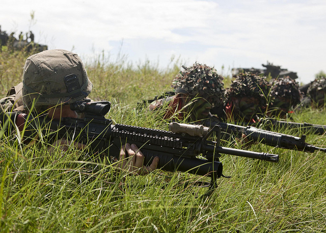  U.S. Marines and Tentara Nasional Indonesia - Angkatan Laut (TNI) marines find concealment in the tall grass of Banongan Beach. (May 29, 2010)