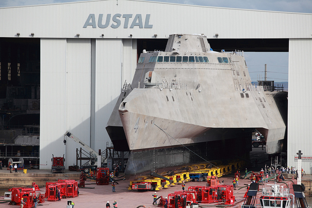 he littoral combat ship Pre-Commissioning Unit (PCU) Coronado (LCS 4) is rolled-out at the Austal USA assembly bay.