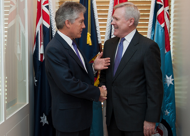 Secretary of the Navy (SECNAV) Ray Mabus meets with Australian Minister for Defense Stephen Smith at the Parliament House April 2, 2012.