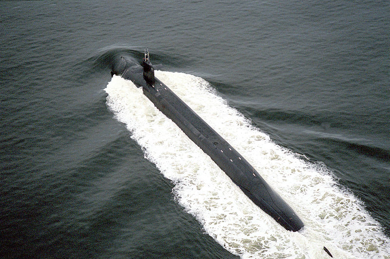 Kings Bay, Georgia (Feb. 23, 1995) -- A port quarter aerial view of the nuclear-powered Ohio-class ballistic missile submarine USS Nebraska (SSBN 739) underway in the Atlantic. U.S. Navy photo by Photographer's Mate 3rd Class Christian Viera