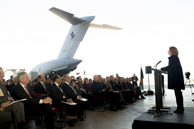 Prime Minister of Australia, the Honourable Julia Gillard MP launches the Defence White Paper at No. 34 Squadron, Fairbairn
