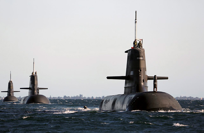 HMAS Dechaineux leads HMAS Waller and HMAS Sheean in formation.