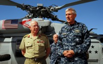 Australian Chief of the Defence Force, General David Hurley, and U.S. Navy Commander, US Pacific Command, Admiral Samuel J. Locklear III, announce the official completion of Exercise Talisman Saber 2013 during a media conference on board USS Blue Ridge in Cairns, Queensland.