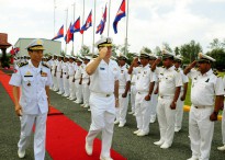 REAM, Cambodia (Oct. 22, 2012) Rear Adm. Tom Carney, commander of Task Force 73, salutes Royal Cambodian naval officers at the Ream Navy Base during Cooperation Afloat Readiness and Training (CARAT) Cambodia 2012. CARAT is a series of bilateral military exercises between the U.S. Navy and the armed forces of Bangladesh, Brunei, Cambodia, Indonesia, Malaysia, the Philippines, Singapore, Thailand and Timor Leste.