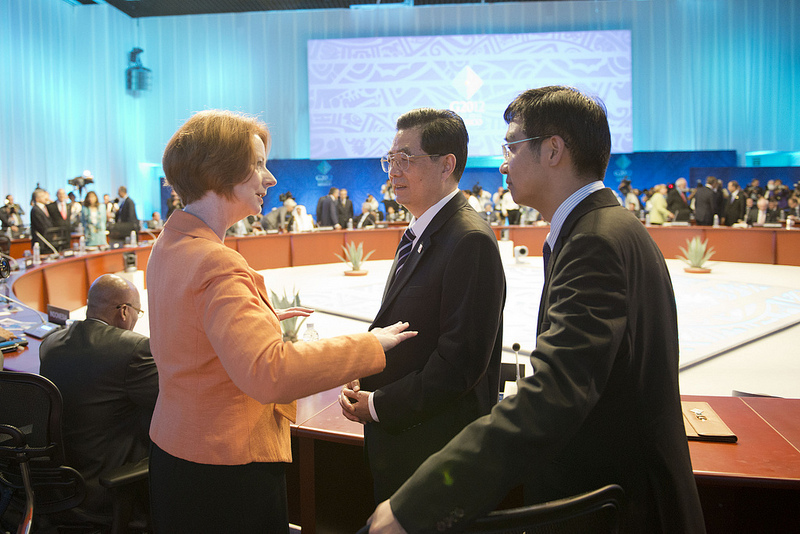 PM Gillard in conversation with Hu Jintao at the 2012 G20 meeting.