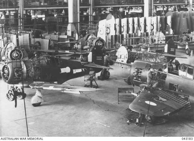 Australian built Boomerang fighter aircraft under construction at Fishermens Bend, Victoria, during WW2