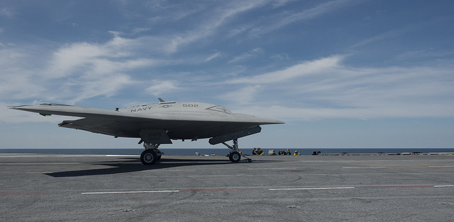 X-47B prepares for its first launch aboard CVN 77  ATLANTIC OCEAN (May 14, 2013) An X-47B Unmanned Combat Air System (UCAS) 