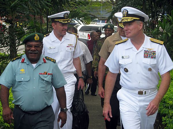 Outgoing Commander PNGDF, Brigadier General Francis Agwi, with then Commander of the US Pacific Fleet, Admiral Patrick Walsh, at Murray Barracks in June 2011 during a visit to Port Moresby by former US Assistant Secretary of State, Kurt Campbell