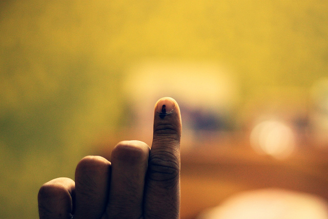 A man shows his mark after voting in the Brihanmumbai Municipal Corporation (Mumbai) election in 2012.  India will go to the polls for a federal election by May 2014 with the outcome likely to result in a foreign policy shift.