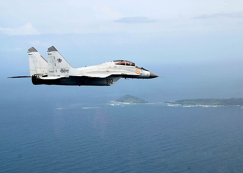 Mikoyan MiG-29K of the Indian Navy in flight over Indian islands