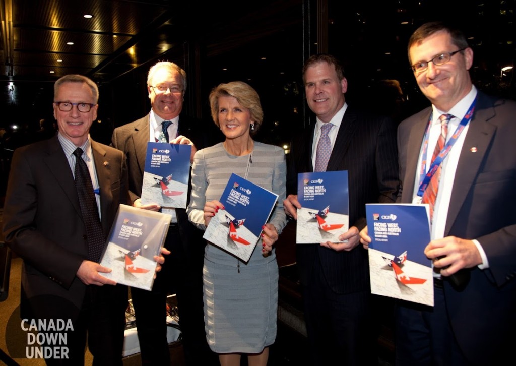 L-R: Leonard Edwards, Distinguished Fellow at CIGI and Canada’s former Deputy Minister for Foreign Affairs; ASPI Exec Director Peter Jennings; Foreign Minister Julie Bishop; Canadian Minister of Foreign Affairs John Baird; and Fen Osler Hampson, Distinguished Fellow and Director of the Global Security Program at CIGI, holding copies of the ASPI-CIGI report Facing west, facing north: Canada and Australia in East Asia