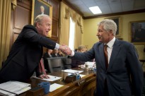 Defense Secretary Chuck Hagel greets U.S. Rep. Rodney Frelinghuysen of New Jersey, chairman of the House Appropriations Committee's defense subcommittee, before testifying on the Defense Department's fiscal year 2015 budget request before the subcommittee in Washington, D.C., March 13, 2014. DOD photo by Erin A. Kirk-Cuomo