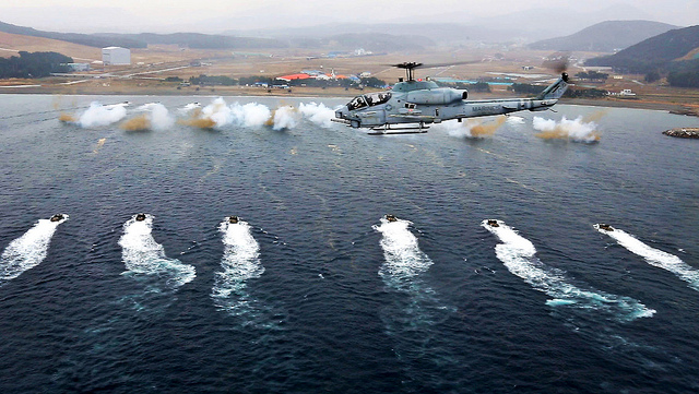 Republic of Korea Marines with 7th Marine Regiment participate in a mock amphibious landing during exercise Ssang Yong 2014 March 29, 2014. Exercise Ssang Yong is conducted annually in the Republic of Korea (ROK) to enhance the interoperability of U.S. and ROK forces by performing a full spectrum of amphibious operations while showcasing sea-based power projection in the Pacific. (U.S. Marine Corps Photo by Master Sgt. Michael Schellenbach/Released).
