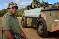Fijian Army Private Qiri desembarked from Lighter Amphibious Resupply Cargo (LARC) at Canala Bay