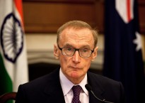 Australian Foreign Minister The Hon. Bob Carr speaks to media at a press conference with Indian Minister for External Affairs , Mr. Salman Khushid after a bilateral meeting during Mr. Carr's visit to India.