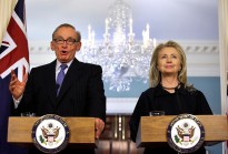 Former Foreign Minister Bob Carr and his US counterpart, Secretary of State Hillary Clinton, address the media following their bilateral meeting in Washington D.C. on 24 April 2012.