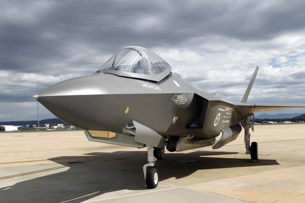 A 'mock-up' of the F-35A Lightning II aircraft (commonly known as the Joint Strike Fighter) on display at Defence Establishment Fairbairn. 