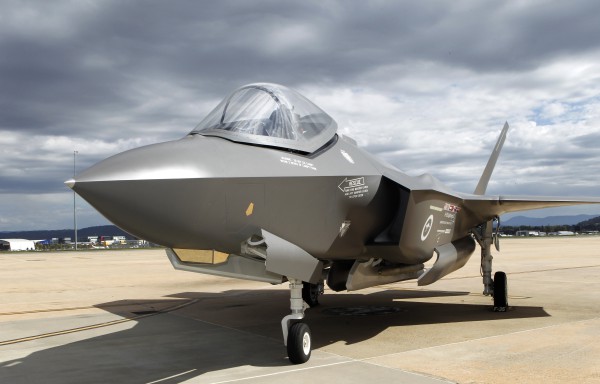 A 'mock-up' of the F-35A Lightning II aircraft (commonly known as the Joint Strike Fighter) on display at Defence Establishment Fairbairn.