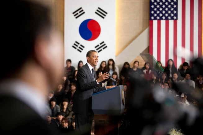 US President Barack Obama delivers remarks at Hankuk University of Foreign Studies in Seoul, Republic of Korea, 26  March 2012.  President Obama will visit South Korea again this week, as well as Japan, Malaysia and the Philippines.