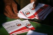 Ballot papers are checked by electoral staff during Indonesia's latest presidential elections.
