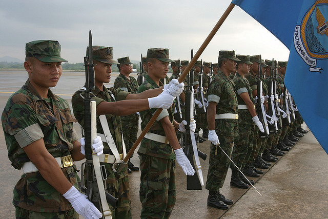 Members of the Royal Thai Naval Air Wing practice before the opening ceremony for exercise Cobra Gold 2010, on Utapao Royal Thai Naval Air Force Base, Thailand, Jan. 29, 2010. 