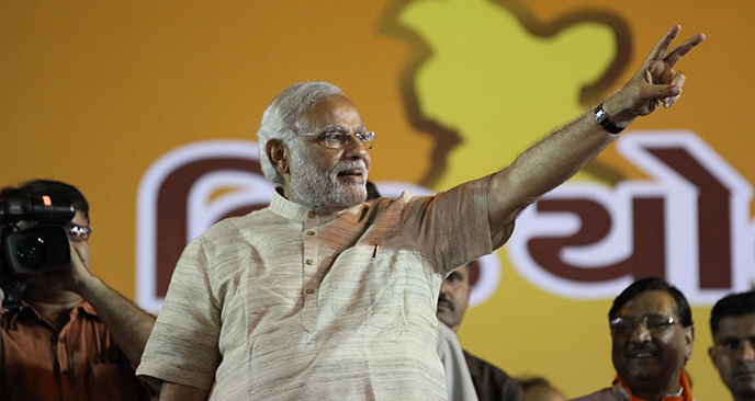 India's PM-elect Narendra Modi addresses a victory rally in Ahmedabad on 21 May 2014.