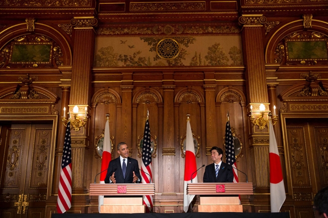 President Barack Obama and Prime Minister Shinzo Abe hold a joint press conference at Akasaka Palace in Tokyo, Japan on 24 April 2014. 
