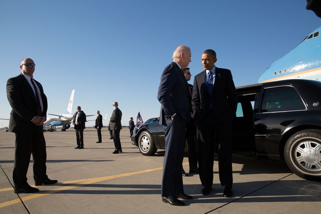 Are domestic priorities at the forefront of US strategic and defence policy? President Barack Obama talks with Vice President Joe Biden before boarding Air Force One at Pittsburgh International Airport prior to departure from Pittsburgh, Pa., April 16, 2014. President Obama and Vice President Biden were in Pennsylvania to tour the Community College of Allegheny County West Hills Center and to speak on the importance of jobs-driven skills training. (Official White House Photo by Pete Souza)