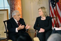 U.S. Secretary of State Hillary Rodham Clinton and former U.S. Secretary of State Henry Kissinger film, "Conversations on Diplomacy, Moderated by Charlie Rose," at the U.S. Department of State in Washington, D.C., on 20 April 2011.