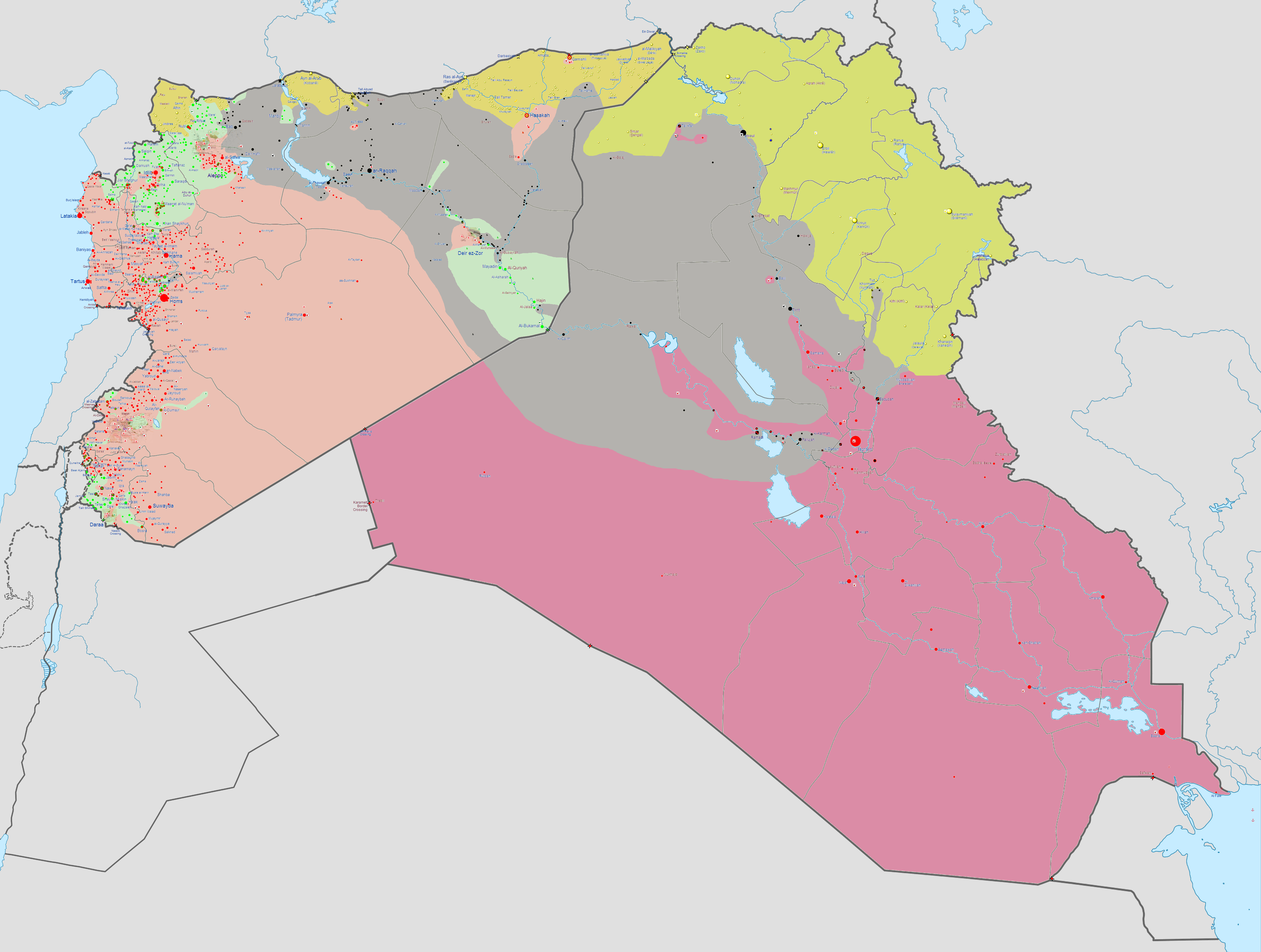 Map showing Syria and Iraq under ISIS control (grey areas).