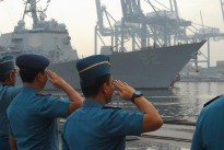 130521-N-SO584-020 JAKARTA, Indonesia (May 21, 2013) JAKARTA, Republic of Indonesia Sailors render honors as the guided missile destroyer USS Momsen (DDG 92) arrives in Jakarta, Indonesia.