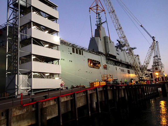 All four blocks have been lifted onto the LHD01 hull at the BAE Systems Williamstown Dockyard. 