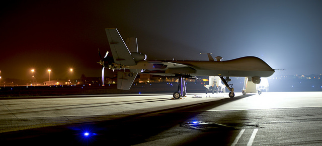 An MQ-9 Reaper sits on the flight line at Hurlburt Field Fla., April 24, 2014. The MQ-9 Reaper is an armed, multi-mission, medium-altitude, long-endurance remotely piloted aircraft that is employed primarily as an intelligence-collection asset and secondarily against dynamic execution targets. (U.S. Air Force photo by Staff Sgt. John Bainter/Released)
