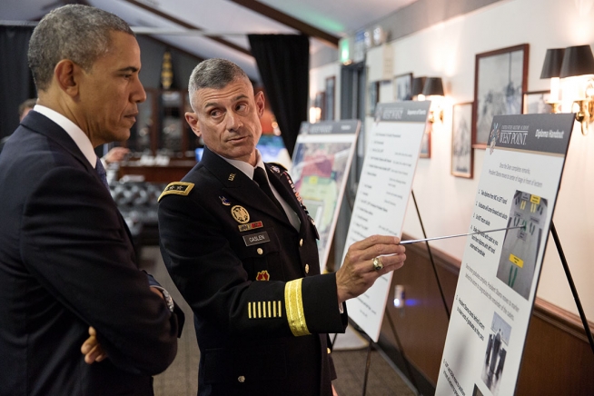 West Point Superintendent Lt. Gen. Robert L. Caslen briefs President Barack Obama prior to the United States Military Academy at West Point commencement in West Point, N.Y., May 28, 2014. (Official White House Photo by Pete Souza)