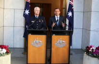 PM Tony Abbott with Chief of Defence Force Air Chief Marshal Mark Binskin announcing Australia will join international partners to help the anti-ISIL forces in Iraq.
