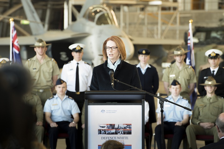 Then Prime Minister of Australia, the Honourable Julia Gillard MP launching the Defence White Paper at No. 34 Squadron, Fairbairn.