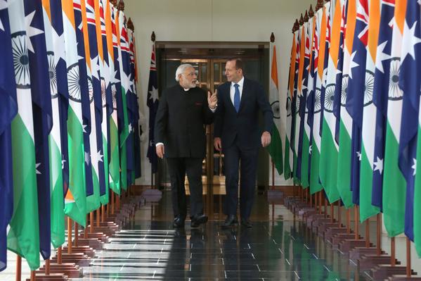 Indian Prime Minister Narendra Modi and Prime Minister Abbott after the Indian leader's address to Parliament. 
