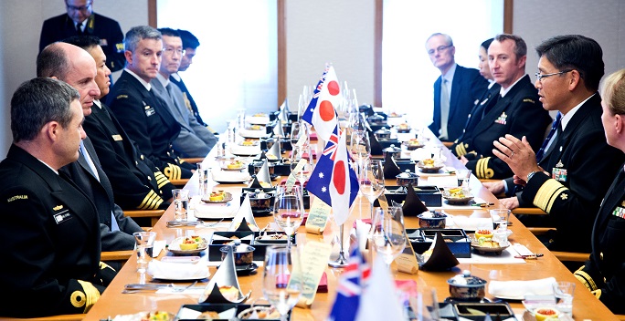 Assistant Minister for Defence, The Honourable Stuart Robert MP (2nd left), Commodore Training, Commodore Michael Rothwell AM RAN (left) and Dignitaries meet with the Japanese Maritime Self Defence Force Commander Japan Training Squadron, Rear Admiral Hideki Yuasa, for lunch onboard ship JS Kashima at Fleet Base East, Sydney.