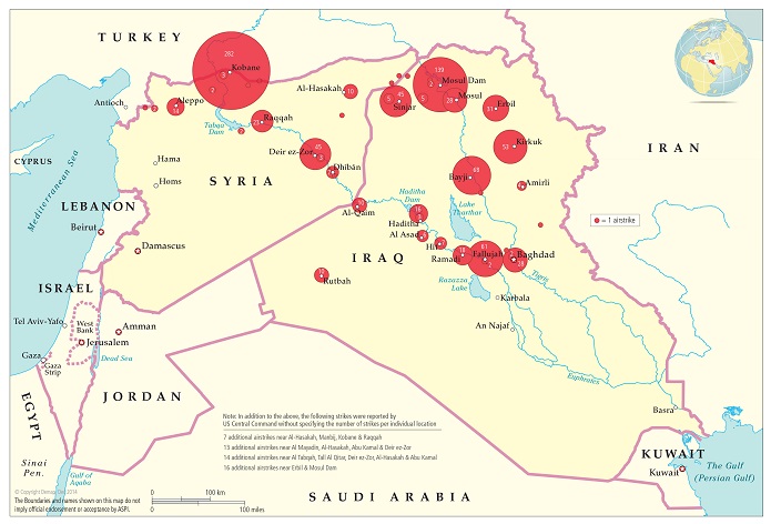 The first 100 days of airstrikes in Iraq and Syria, based on data sourced from US Central Command news releases.