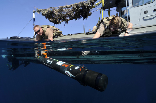 GULF OF OMAN (Nov. 4, 2014) Aerographer’s Mate 2nd Class Robert Carlson (left) and 3rd Class Rachel Myers, assigned to Commander, Task Group 56.1, deploy a MK 18 MOD 2 Swordfish to survey the ocean floor during the International Mine Countermeasure Exercise (IMCMEX). 