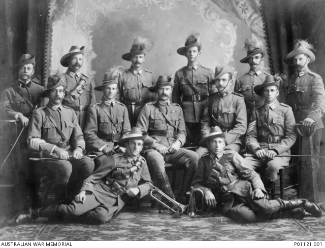 PROBABLY GYMPIE, QLD, 1913. GROUP PORTRAIT OF MEMBERS OF REGIMENTAL STAFF, GYMPIE LIGHT HORSE.