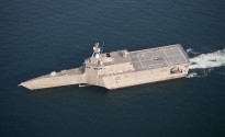Littoral combat ship USS Independence (LCS 2) steams through the Atlantic Ocean off the coast of Florida.