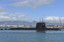 Japan Maritime Self Defense Force (JMSDF) submarine Hakuryu (SS-503) arrives at Joint Base Pearl Harbor-Hickam for a scheduled port visit, Feb. 6. While in port, the submarine crew will conduct various training evolutions and have the opportunity to enjoy the sights and culture of Hawaii. (U.S. Navy photo by Cmdr. Christy Hagen/Released)