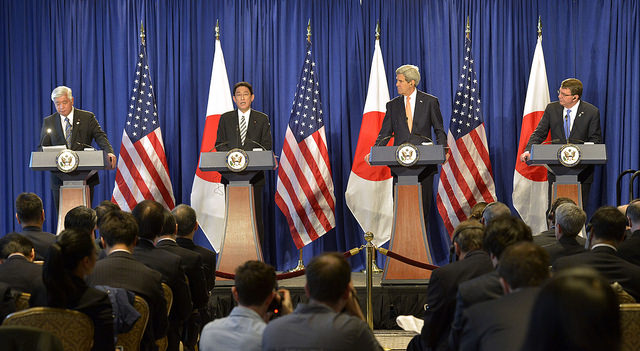Secretary of Defense Ash Carter and Secretary of State John Kerry hold a joint press conference with Japanese Foreign Minister Fumio Kishida and Japanese Defense Minister Gen Nakatani in New York City, April 27, 2015